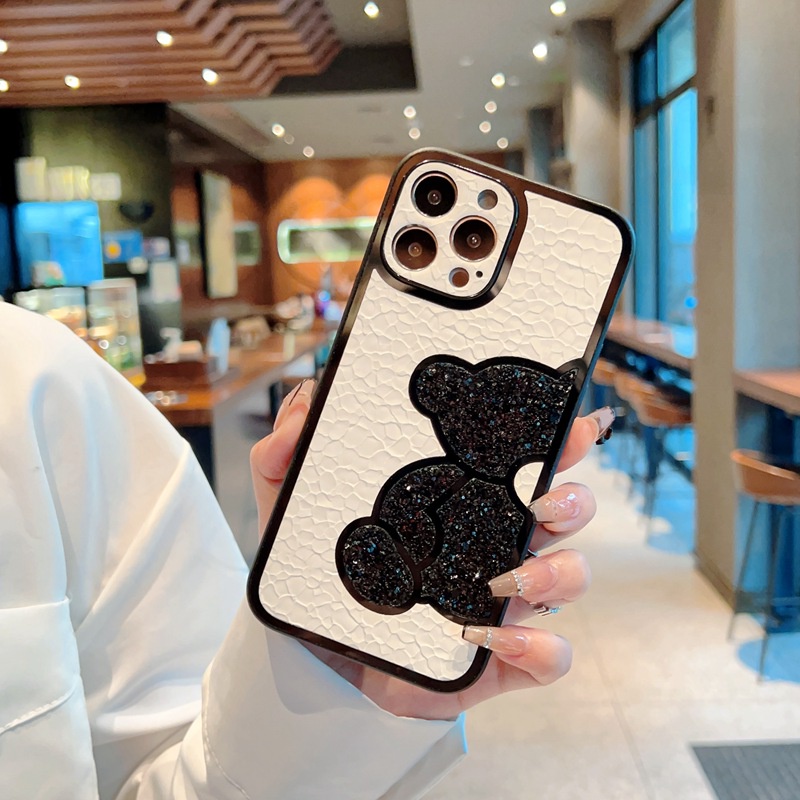 IPHONE Casing Hp Keras Beruang Pelindung Layar Penuh Bahan Kulit Berkilau Untuk Iphone 14Plus 14+ IP X Xr Xs Max Casing Iphone 11 12 13 14 Pro Max Handphone Cover Shock Resistant