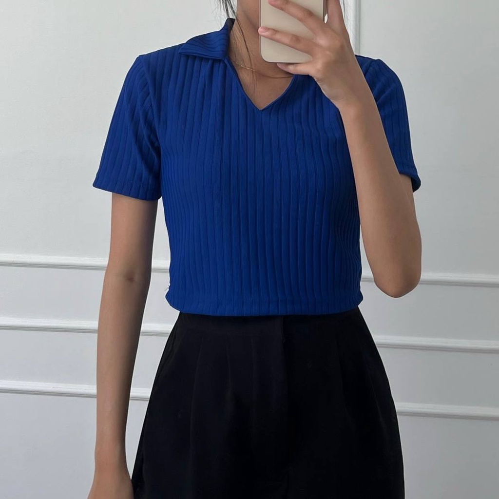 Lily Top 260 - Kaos Knit Rib - Kaos Pendek Wanita - Kaos Polo Crop-Biru electric