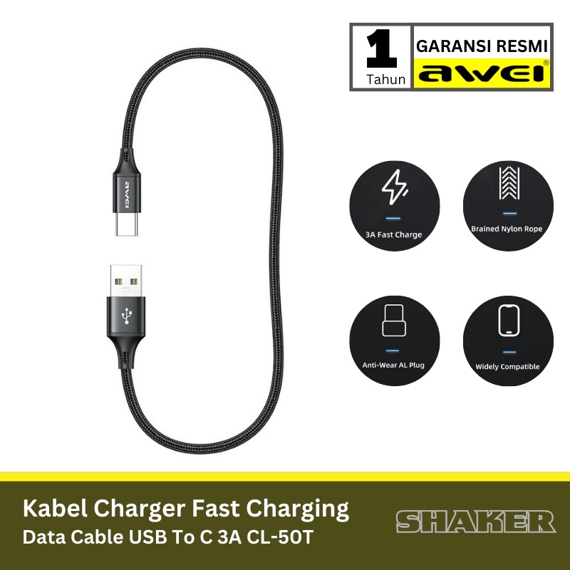 Kabel Charger AWEI Fast Charging Data Cable USB to C 3A CL-50T