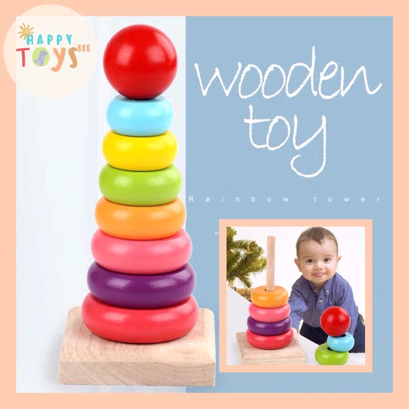 HAPPYTOYS.888 #A49 RAINBOW TOWER / MENARA TOWER DONUT / MENARA PELANGI / RING DONUT KAYU / MAINAN EDUKASI KAYU