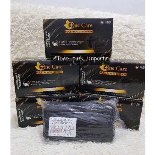 MASKER DISPOSABLE EARLOOP ONECARE CAREION HITAM BLACK PUTIH 3PLY ABU GREY 3PLY TEBAL ISI 50 PAKE WITH BOX