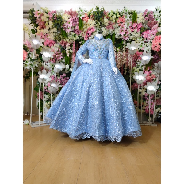 Baju pakaian gaun pengantin busana pernikahan wanita gown dress wedding dress  muslim perempuan hijab sari syari manten warna biru sky blue sky langit
