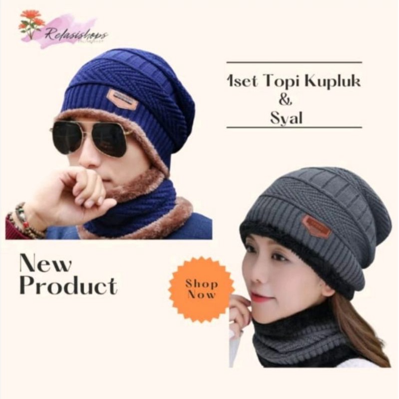 Topi Kupluk Rajut Beanie dan Syal Set / Kupluk Beanie / Topi Kupluk Set