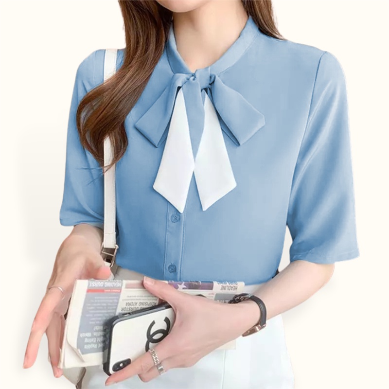 Kemeja lengan pendek wanita gaya korea variasi pita model Terbaru - XSHOP Arshinta
