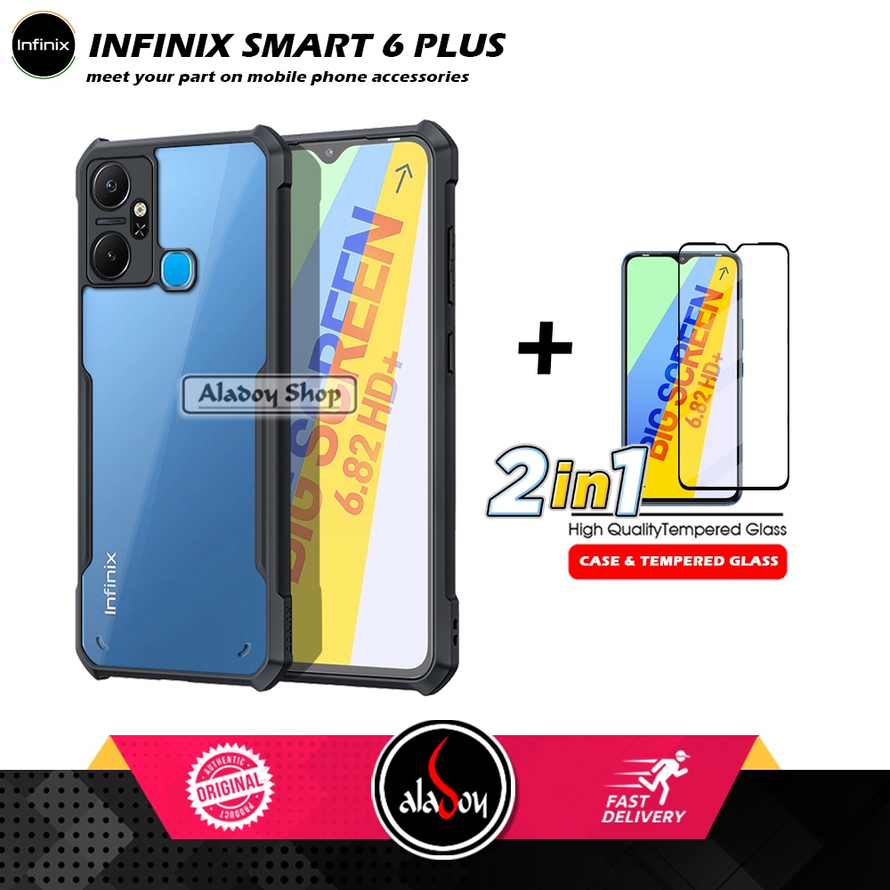 PAKET 2 IN 1 Case INFINIX SMART 6 PLUS Armor Fusion Transparent Prmium Casing Free Tempered Glass
