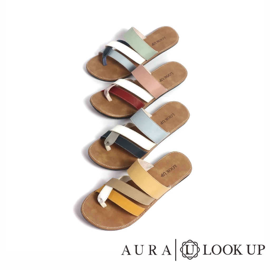 Sandal Kulit Wanita Sandal Jepit Tali Wanita Sandal Jepit Slop Slide Wanita Flat Motif Kombinasi Look Up - AURA