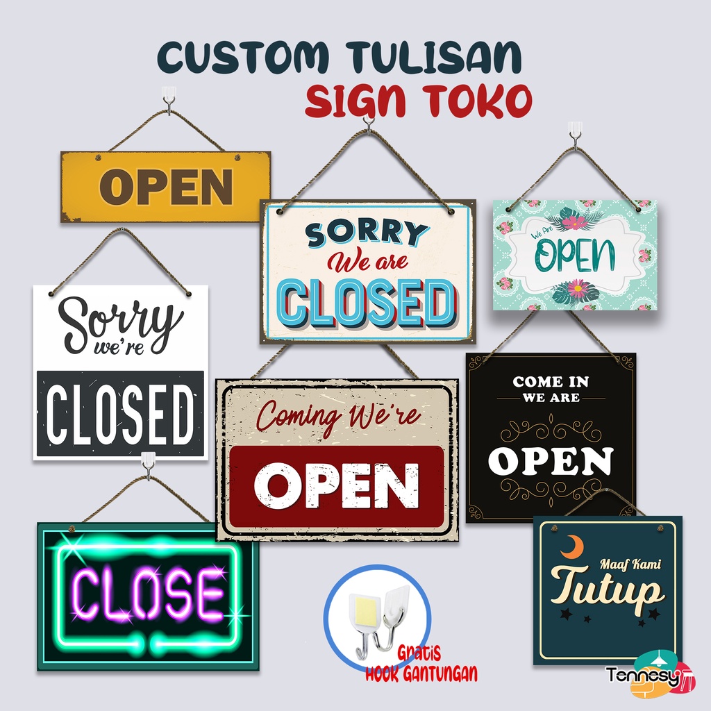 CUSTOM TULISAN REQUEST TEKS PAPAN BUKA TUTUP TOKO PAJANGAN SIGN OPEN CLOSE TOKO HIASAN DINDING GANTUNG WALL DECOR DEKORASI TOKO