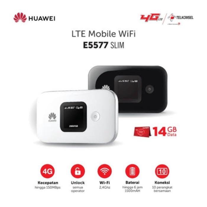 Modem Mifi 4G All Operator Huawei E5577 Slim Telkomsel 14Gb #Original