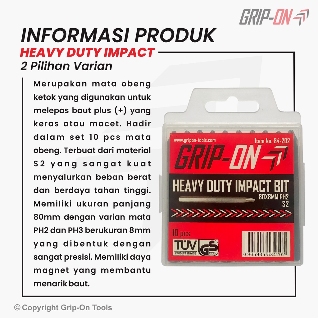 Grip-On Heavy Duty Impact Mata Obeng Ketok Plus (+) Set 80X8 MM (PH2 / PH3)