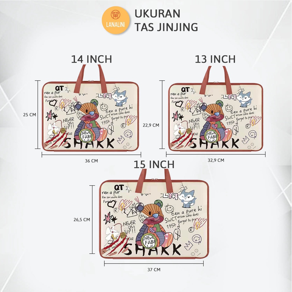 Sleeve Pouch Sarung Tas Bag Case Ipad Tab Tablet Macbook Air Pro Laptop Asus Acer Lenovo HP Huawei 11 12 13 14 15 inch Motif Gambar Kartun Bear Beruang Graffity Warna Coklat Orange Putih Cute Murah Korean Model Jinjing Tali Strap Waterproof Tahan Air