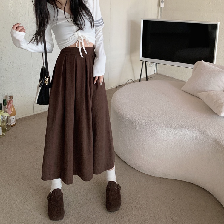 Midi Skirt Corduroy Korean Style High Waist Rok Korduroy