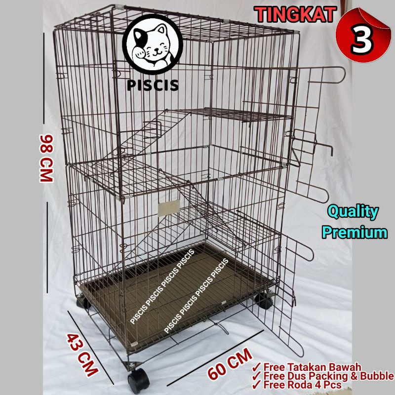 KANDANG KUCING TUPAI BESI LIPAT JUMBO TINGKAT 3 TINGGI 97 PANJANG 60 LEBAR 43 FREE RODA 4 PCS