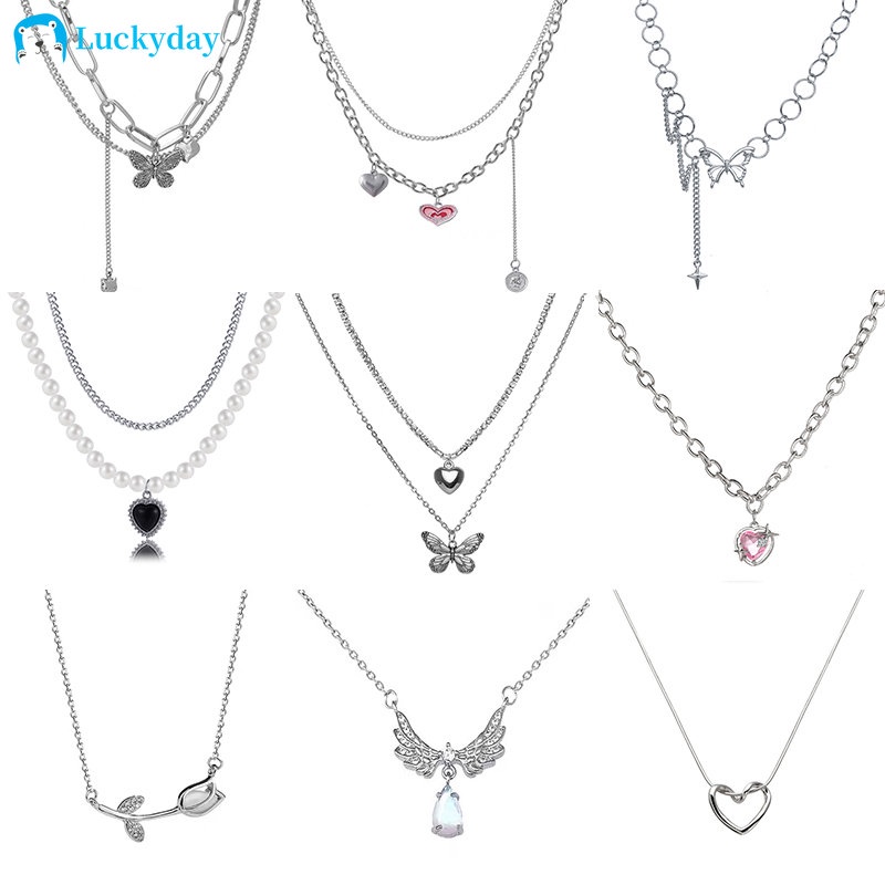 YEEZII Kalung Rantai Choker Silver Hias Liontin Hati Kristal Permata Pink Tulip Untuk Wanita