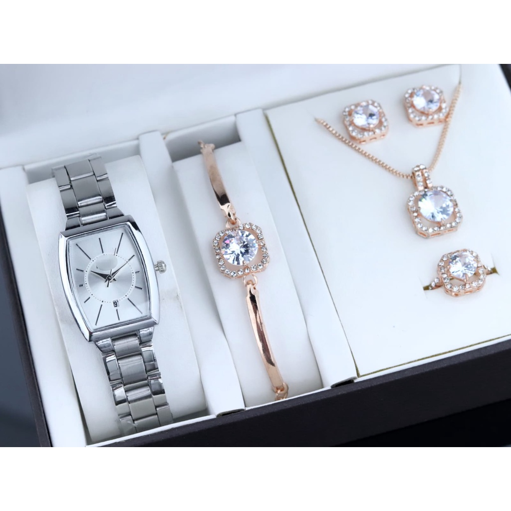 Jam tangan wanita Analog Strap Stainless Tanggal Aktif Free Full set perhiasan Dan Free Batrai