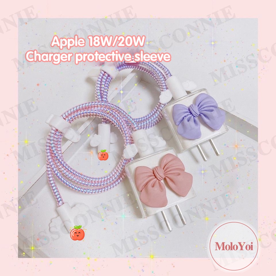 5 IN 1 Pelindung Kabel Data / Charger USB Desain Pita 3D Warna Pink / Ungu Untuk Apple iPhone 18 / 20W