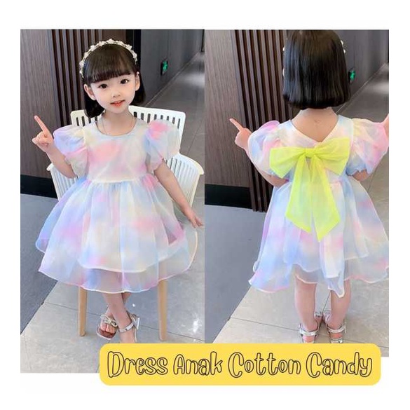 Dress Anak PErempuan Motif Permen Warna Candy Gaun Katun Anak Pita Kuning
