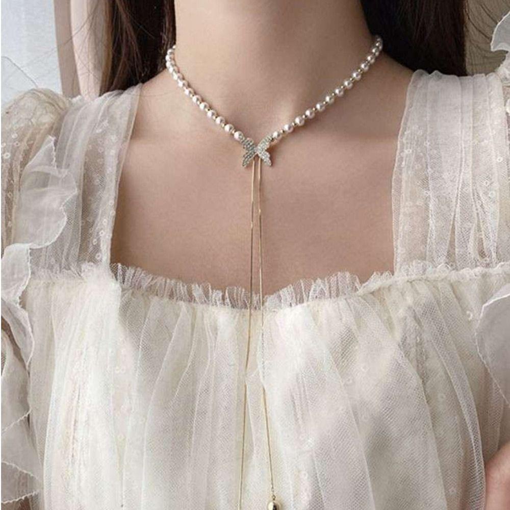 Mxbeauty Wanita Kalung Elegan Indah Halus Mutiara Gadis Hadiah Kupu-Kupu Niche Desain Adjustable Perempuan Klavikula Rantai