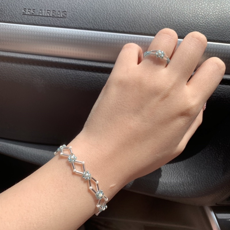 [BEADLERY] beaded blue aquamarine bracelet and ring set | gelang dan cincin manik