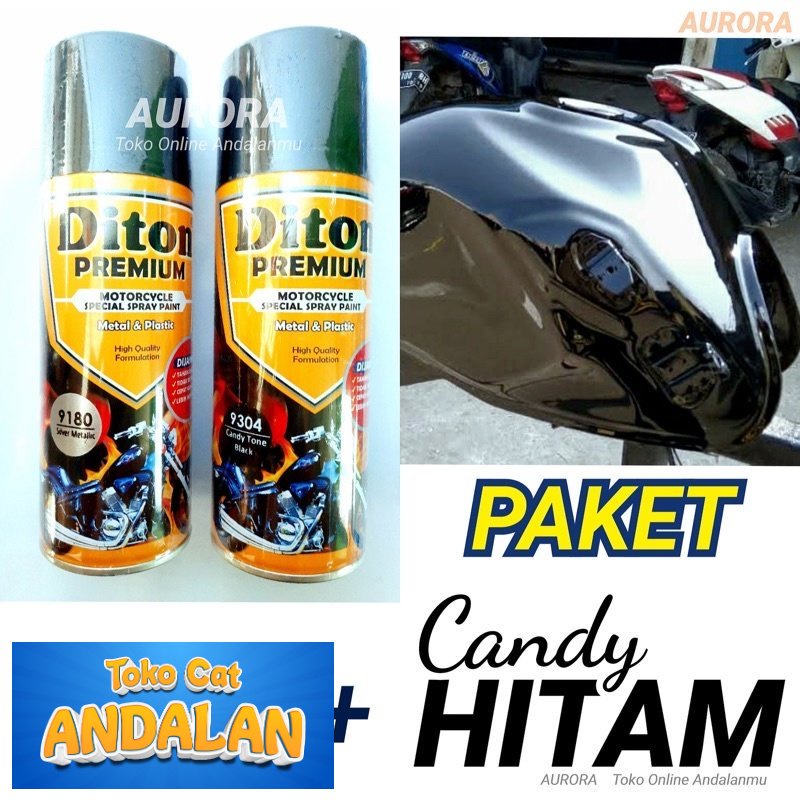 

Toko Andalan - PAKET Diton Premium Candy Tone Black 9304 + Silver Metallic 9180 / Candytone Hitam Kenditon Cat Semprot Pilok Pylox Pilox 400ml