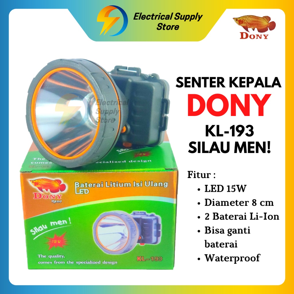 SENTER KEPALA DONY KL-193 | LED 15 W | TERANG | CAHAYA PUTIH &amp; KUNING | TAHAN LAMA | ANTI AIR