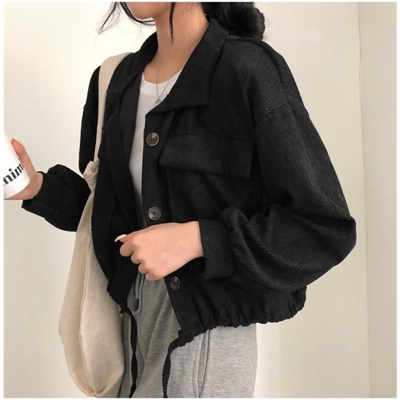 [3 Warna]Jaket Corduroy Wanita Outer Crop Korean Retro Style Jacket Hitam Pakaian Wanita