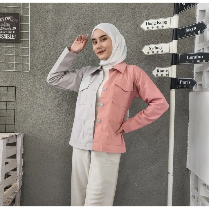 DUSTY MISTY Jacket Outer Kemeja Pocket Wanita Oversize Atasan Kekinian Mix Warna Kasual Style Kekinian