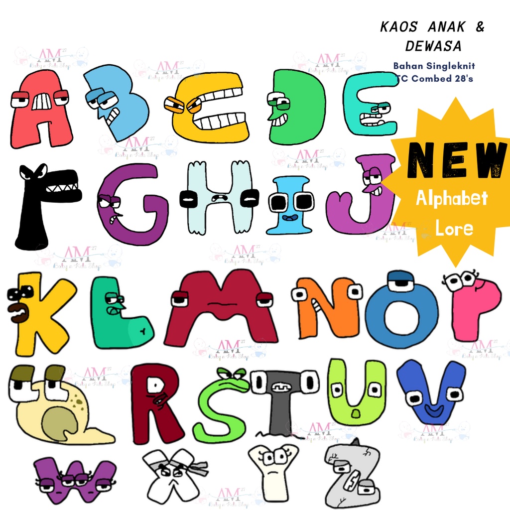 CUSTOM NAMA dengan Huruf Alphabet Lore - KAOS Anak 1-12 tahun sampai Dewasa Jumbo 7-10H