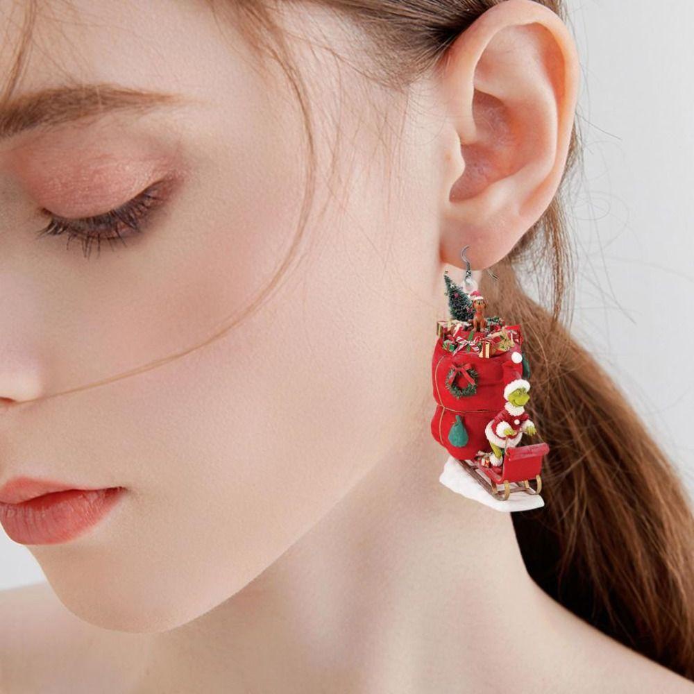 Mxbeauty Wanita Drop Earrings Hadiah Vintage Perhiasan Aksesoris Untuk Gadis Hijau Berbulu Monste Xmas Dekorasi Pesta Natal Menjuntai Earrings