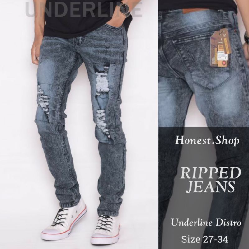 Celana Jeans Pria Sobek Lapisan Puring Pensil Lutut Robek Ripped Destroy Premium Pria Pinsil Keren P
