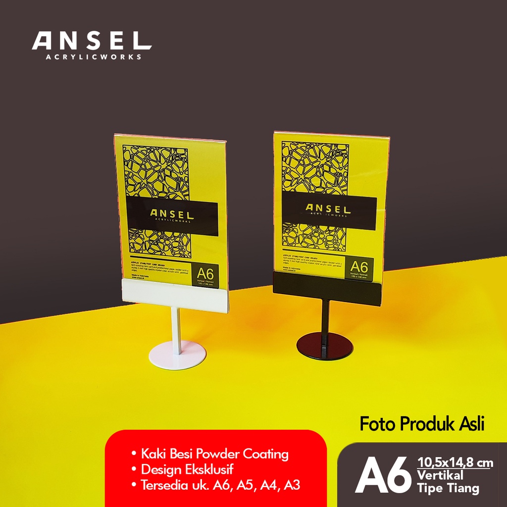 

ANSEL NORE - Tent Card Akrilik Besi / Tiang A6 Vertikal 10,5x14,8 cm [Stand Akrilik Acrylic, Display Menu, Brosur, Tent Holder, Nomor Meja dll]