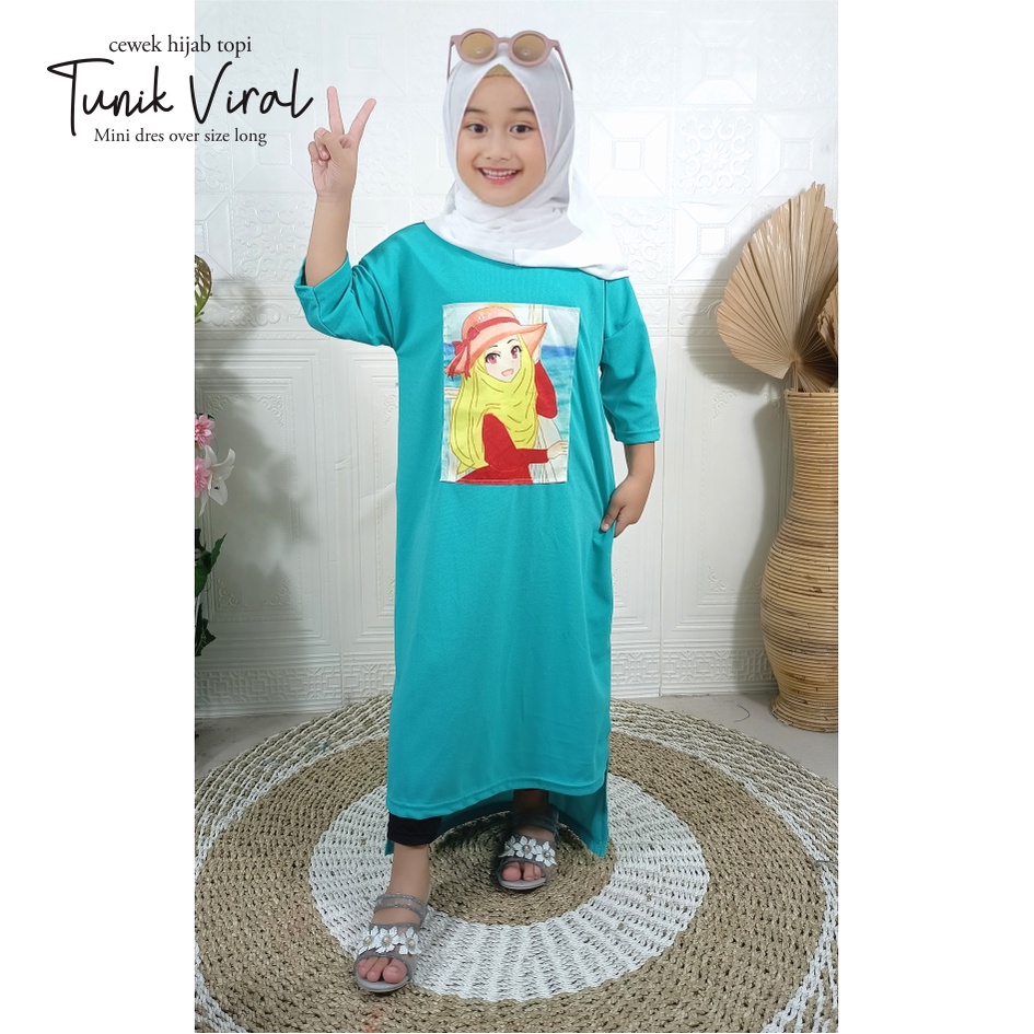 Gamis Anak Mini Dress Over Size Long Tunik Cewek Hijab Topi CKids