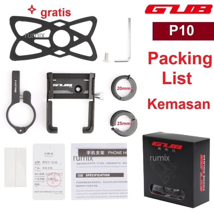 GUB P10 Original Holder Hp Dudukan Ponsel Alumunium Aloy Holder Hp Sepeda Motor Stang Spion Dudukan Handphone di Motor Tempat Hp di Motor Bracket Breket Hp