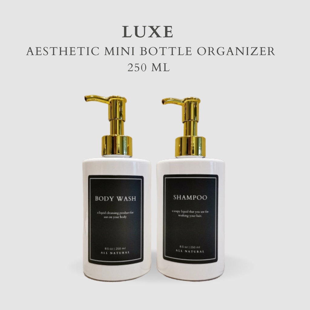 LUXE Botol MINI PUTIH Label KOTAK HITAM 250 ml Aesthetic Bottle Refill | Botol refill sabun /botol refill sabun/ botol isi ulang/botol sabun refill/botol sabun/botol pump/botol anak/bathroom organizer/bathroom amenities