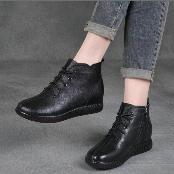 cuero sepatu wanita kulit sapi boots hitam jumbo