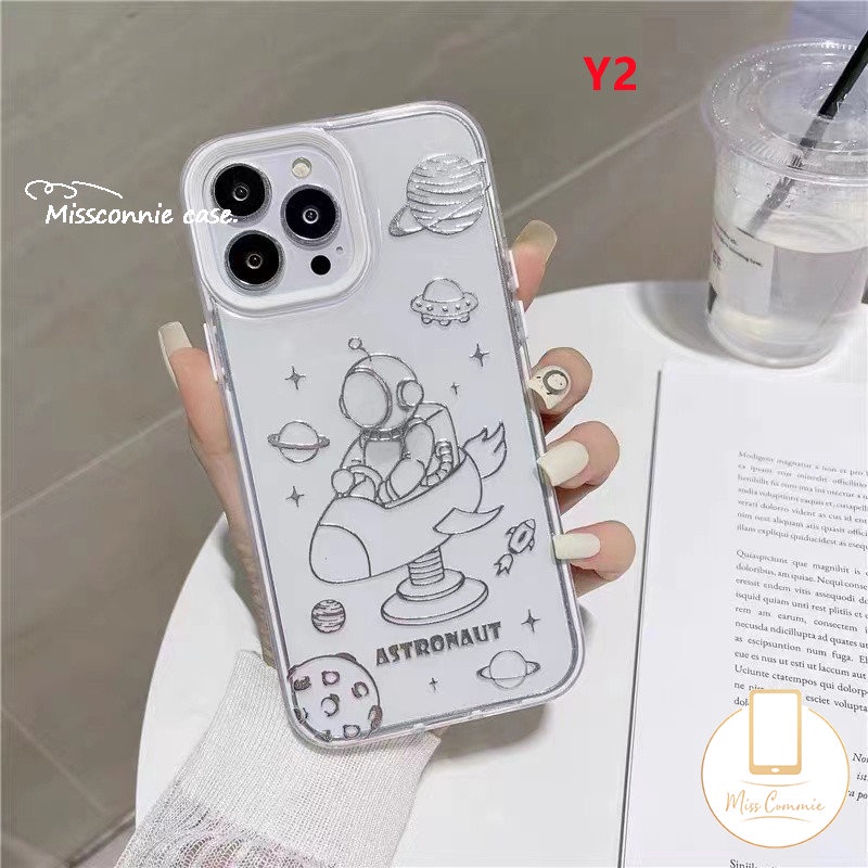 3 in 1 Soft Case Transparan Motif Kartun Astronot Luar Angkasa Untuk IPhone 11 Pro Max 7Plus 8Plus 12 14 13 Pro Max XR 14 Plus 7 8 Plus X XS Max SE 2020