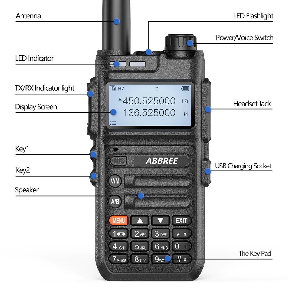 ABBREE AR-F5 - Walkie Talkie 10W Power Quad-Band 136-520MHz - Radio Panggil Terbaru dengan Fitur Terbaru dari ABBREE