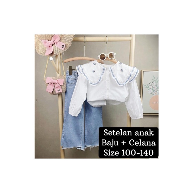(LOLI-JKT) BS-349 SETELAN ANAK CEWEK PUTIH KERAH BUNGA SIZE 100-140