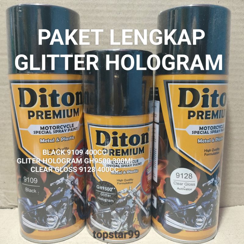 Pilok Cat Diton Premium Paket Lengkap 3 Kaleng Gliter Hologram 9500 Black 9109 Clear Gloss 9128 400CC 300ML Pilok Paketan Cat Semprot Special Spray Paint