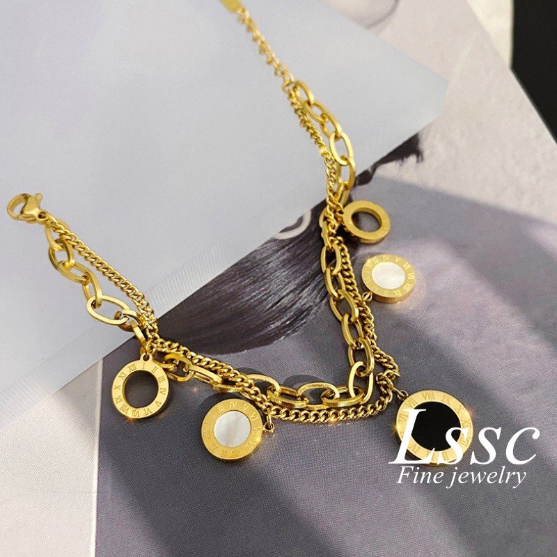 Gelang Titanium 2 Layer Semanggi Beruntung Wanita Anti Karat Emas 18K Aksesoris Fashion Korea