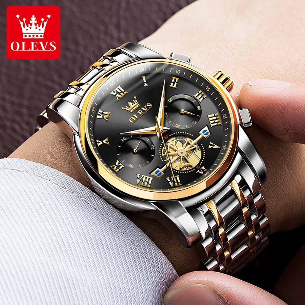 OLEVS Jam Tangan Pria Original Anti Air Tahan Luminous Fashion Analog Chronograph Stainless Steel Watch Men