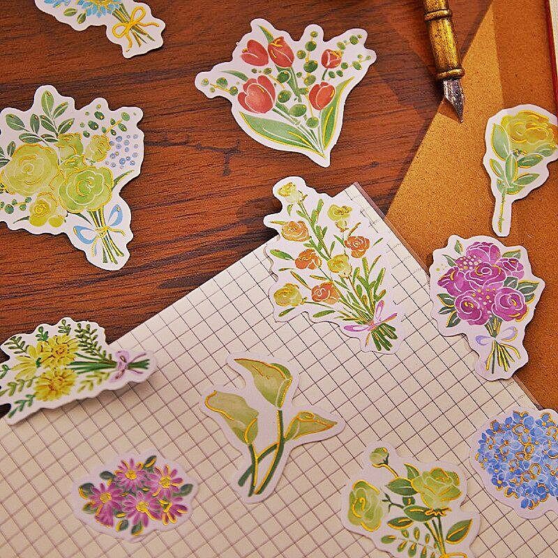 

10 pcs, flowers stickers for journal, bahan washi dengan gold foil, 6 pola/desain, sticker aesthetic, cute sticker