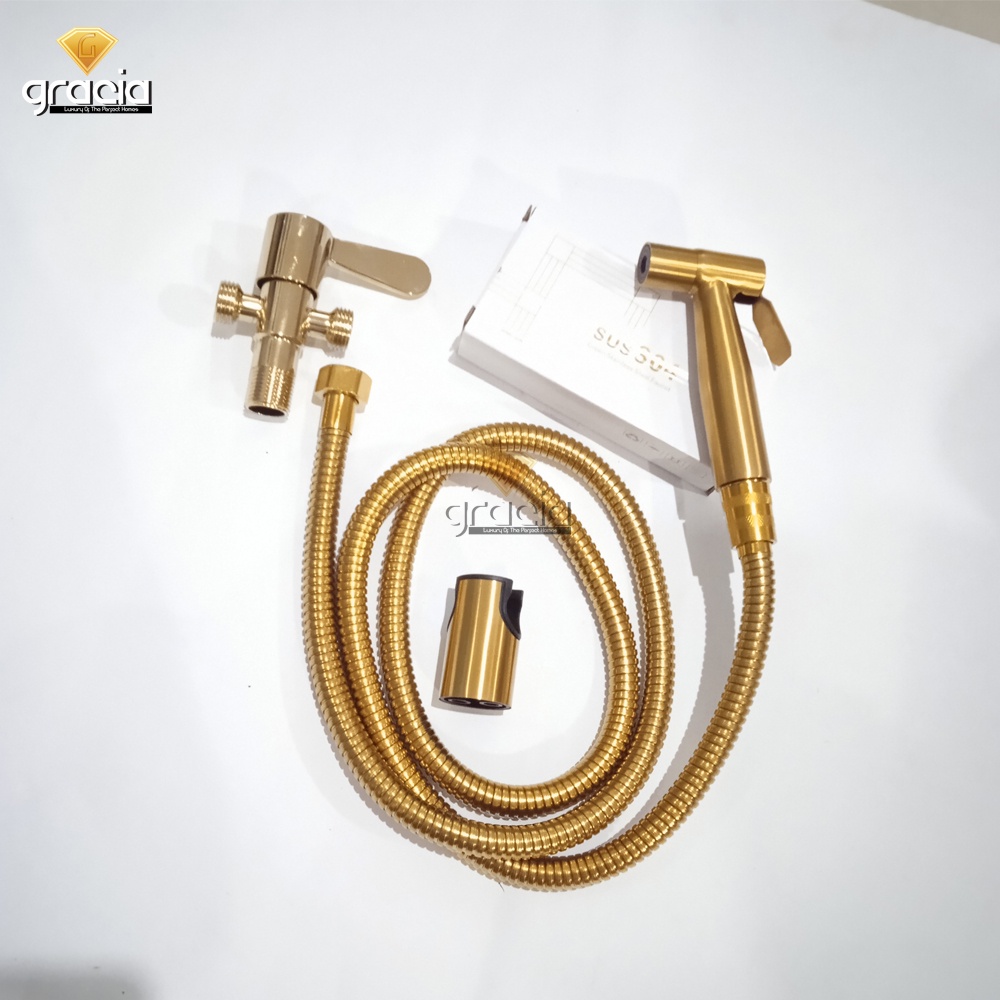 1 Set Shower Jet Washer Gold Stainless SUS 304 Bidet Cebok Kloset Closet WC Kamar Mandi + Stop Kran Double Cabang 2 Sambungan Selang 1/2 inch