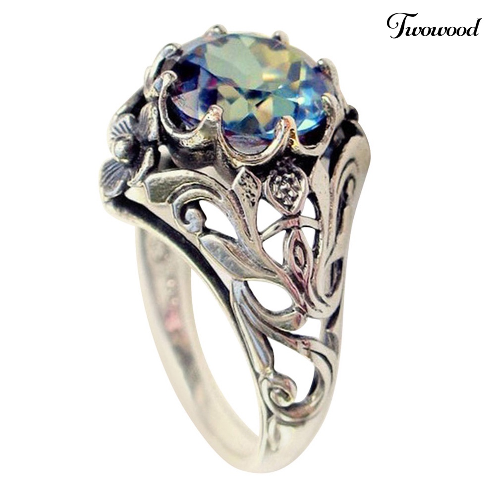 Cincin Zirkon Warna Pelangi Model Hollow Out Gaya Vintage Untuk Wanita