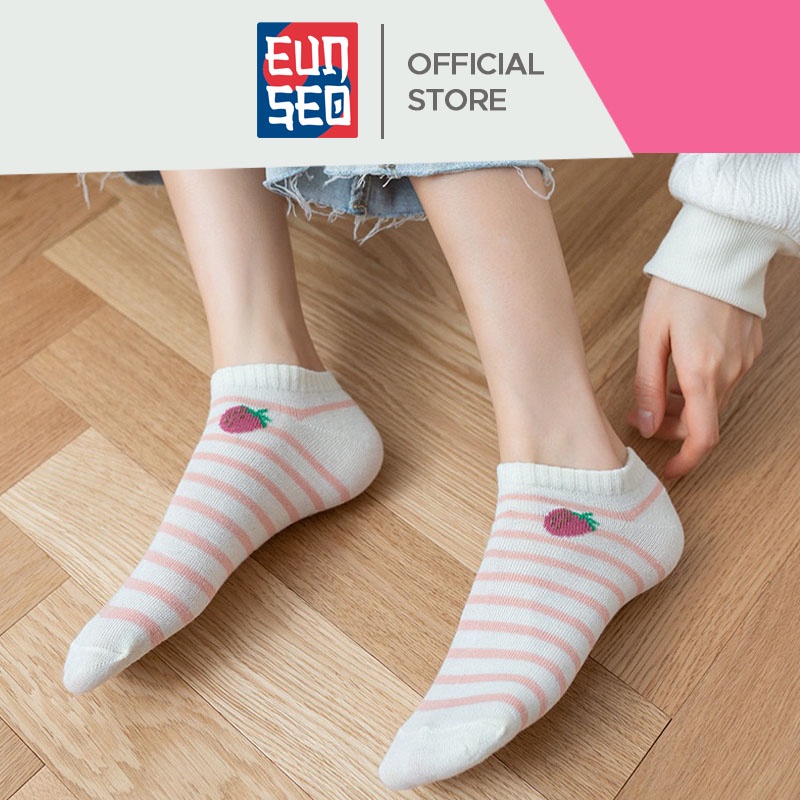 EUNSEO Kaos Kaki Semata Kaki Pendek Fashion Korea Motif Strawberry Merah Kaoskaki Pendek Wanita Premium