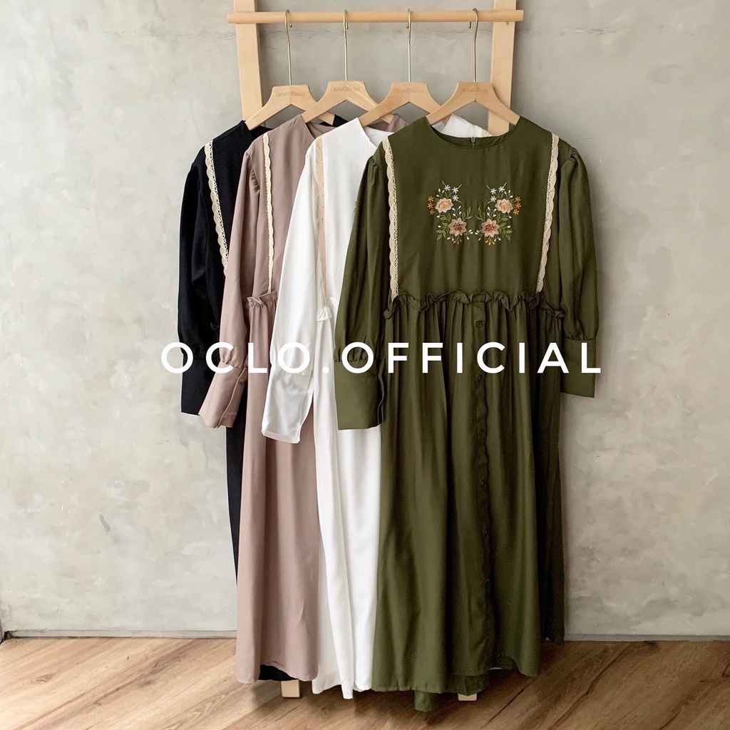 Oclo Kirara Dress Casual Bunga Renda Tunik Gamis Wanita  Lengan Panjang OCL00118