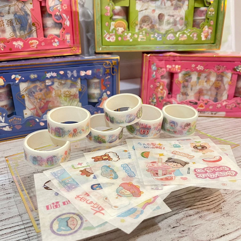 

Paket sticker dan selotip washi 6 roll set + gantungan kunci SZ-12 -WARNA RANDOM - washi tape cute girl kado unik bungkus gambar hadiah sovenir alat tulis kerja sekolah kantor lucu estetik aesthethic