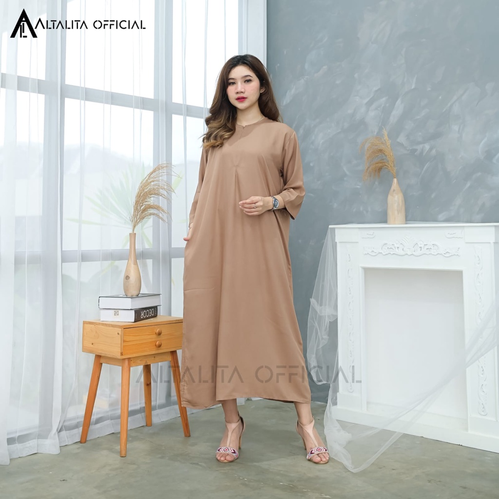 Altalita - Daster Gamis Rayon Panjang Polos Lengan Tangan Panjang 3/4 Longdress Polos Muslim Jumbo LD 120 Homedress Panjang Busui Lengan Panjang Semata Kaki Bahan Katun Adem Tebal Premium