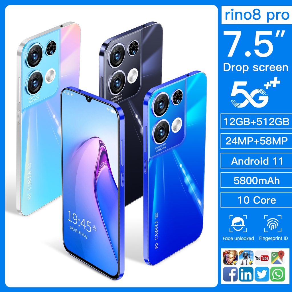 [Produk Baru HP] hp murah RINO8 PRO+ Handphone Asli 12GB RAM+512GB ROM HD Kamera Dual SIM Dual 5G Smartphone Bisa COD