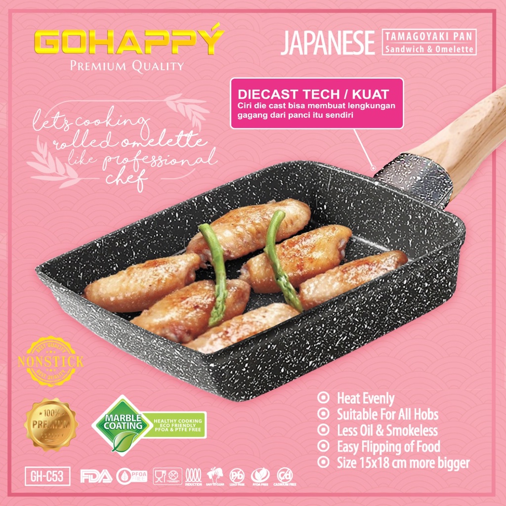 JAPANESE Tamagoyaki Panci Telur Omelet Egg Fyring Pan Non-stick Gohappy GHC53 omelette pan / omelete panci