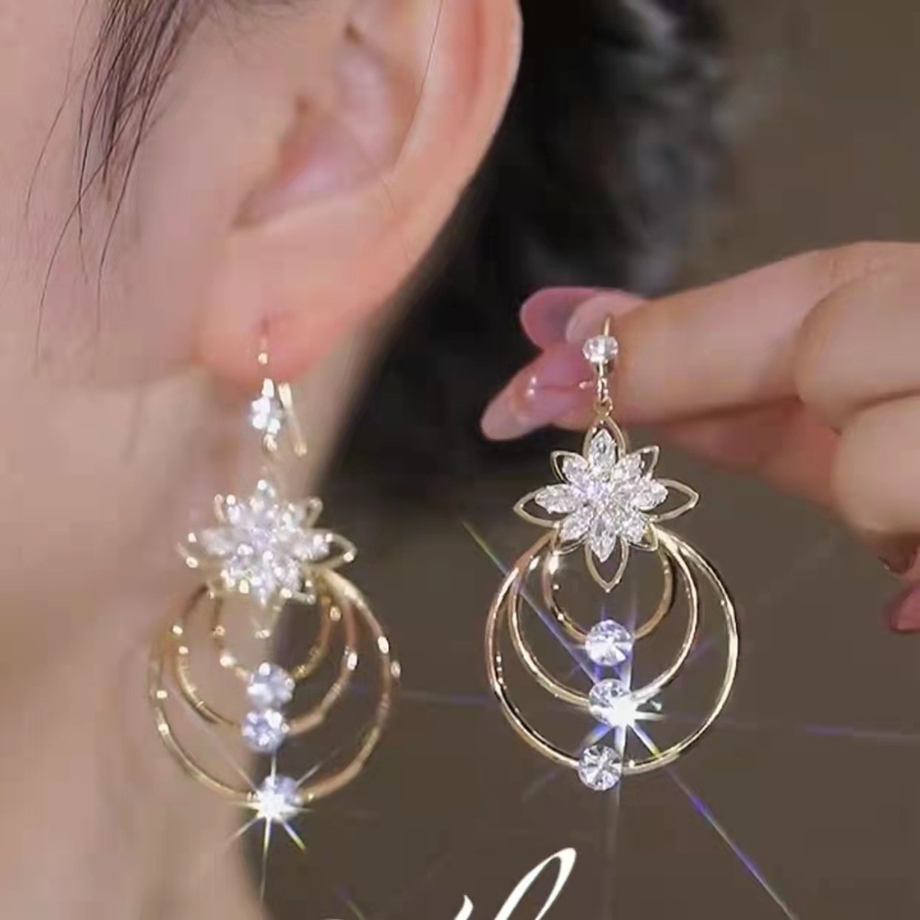 Anting Kait Gantung Desain Bunga Teratai Hias Kristalzircon Gaya Korea Untuk Wanita